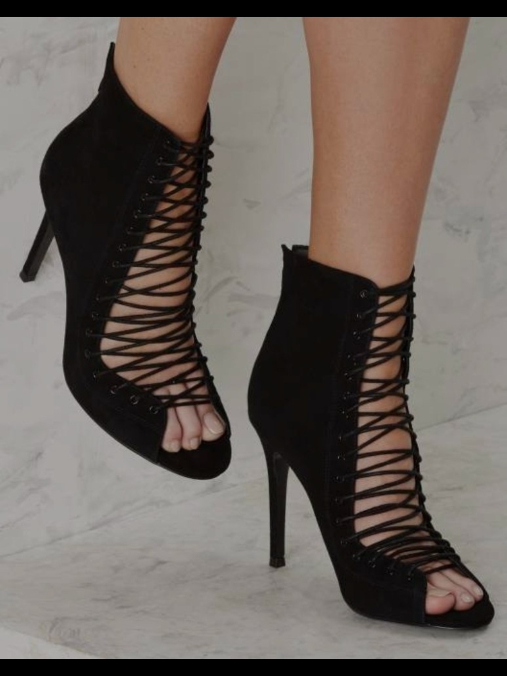 Kendall & Kylie Black Lace-Up Peep Toe Stiletto Booties